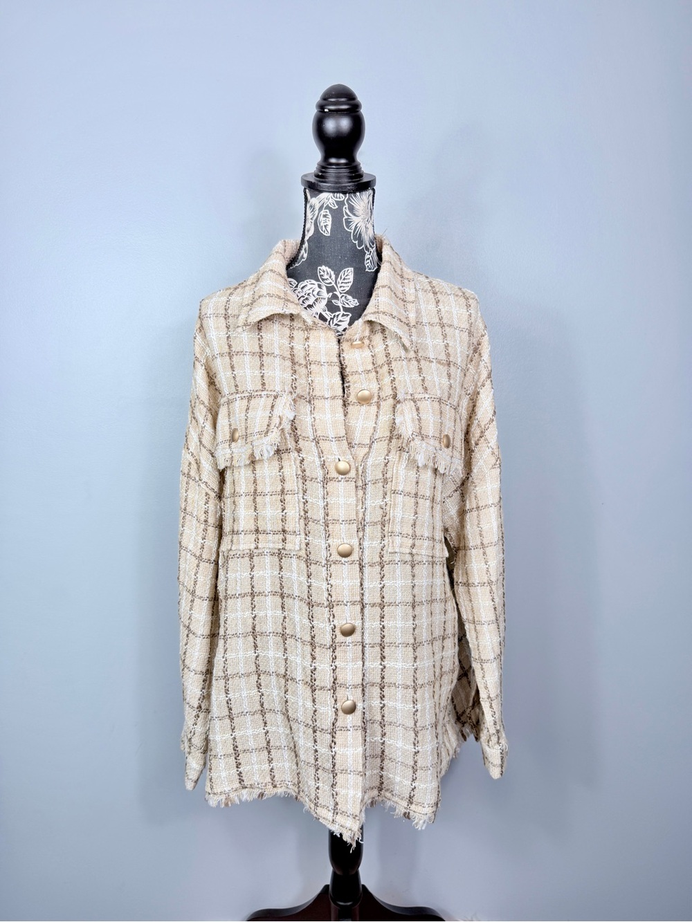 NWT Star 147 neutral tone oversize tweed large button long sleeve blazer size XL